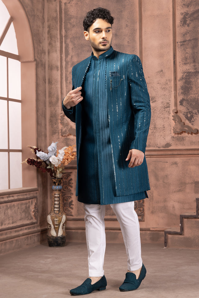 Teal Blue Mirror And Thread Embroidered Indowestern Set In Silk