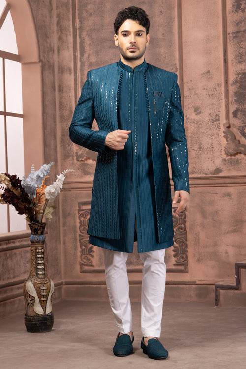 Teal Blue Mirror And Thread Embroidered Indowestern Set In Silk