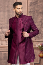 Maroon Mirror And Thread Embroidered Indowestern Set In Silk