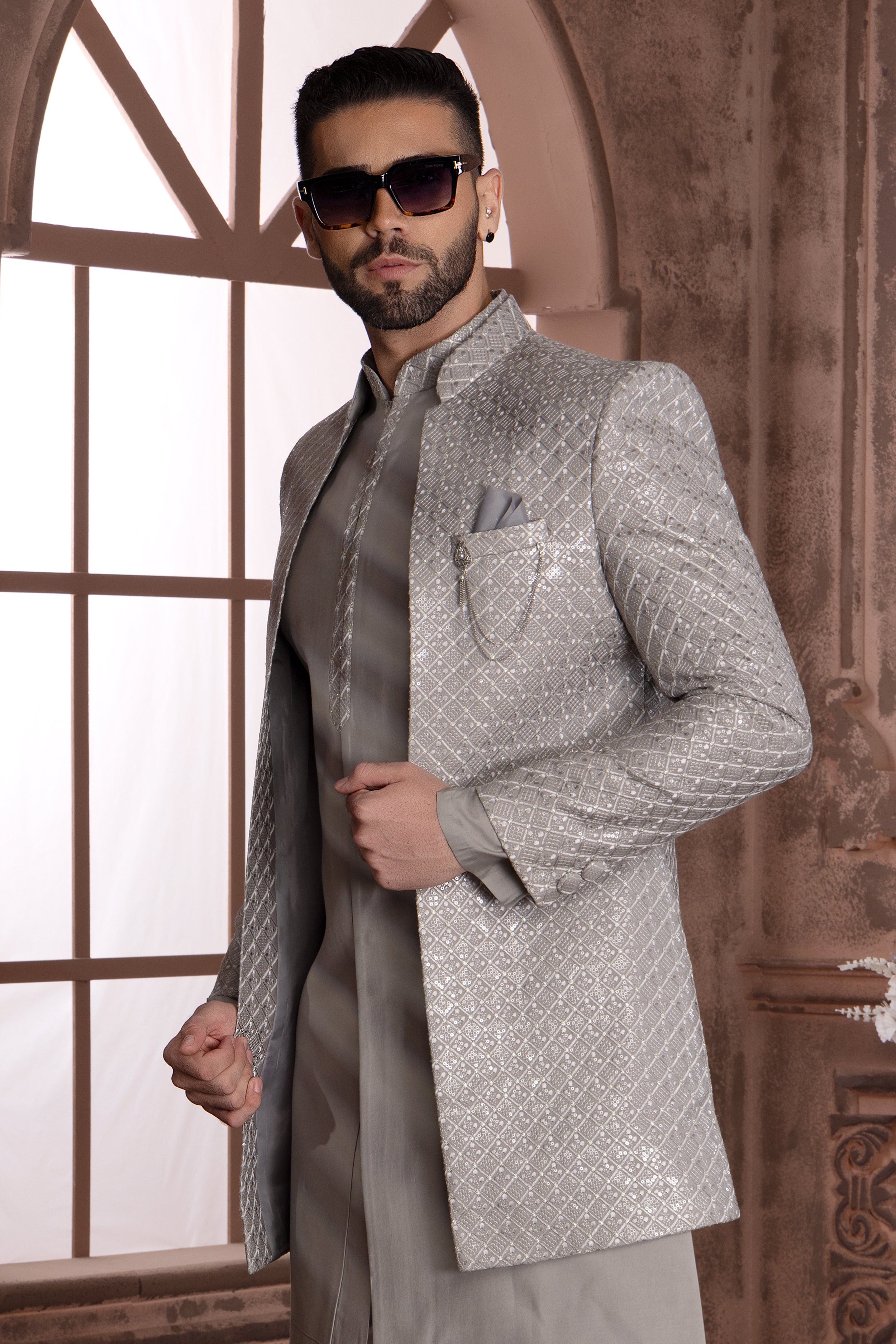Grey Jacket Style Embroidered Indowestern Set For Men paanericlothing Grey Jacket Style Embroidered Indowestern Set For Men paanericlothing
