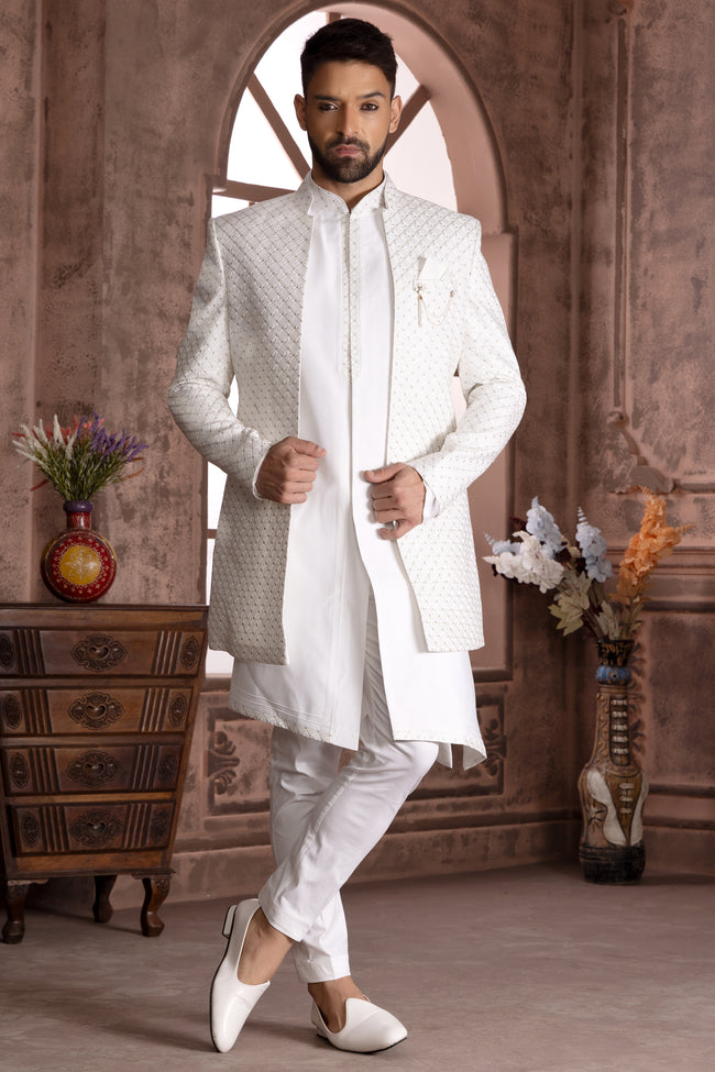White Jacket Style Embroidered Indowestern Set For Men