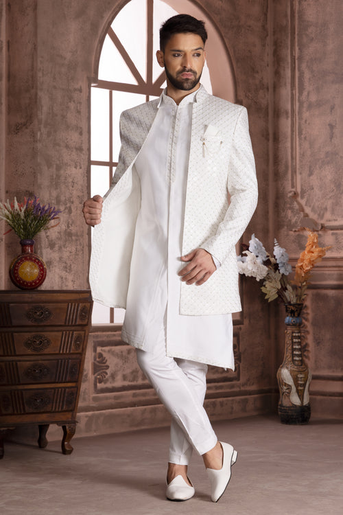 White Jacket Style Embroidered Indowestern Set For Men
