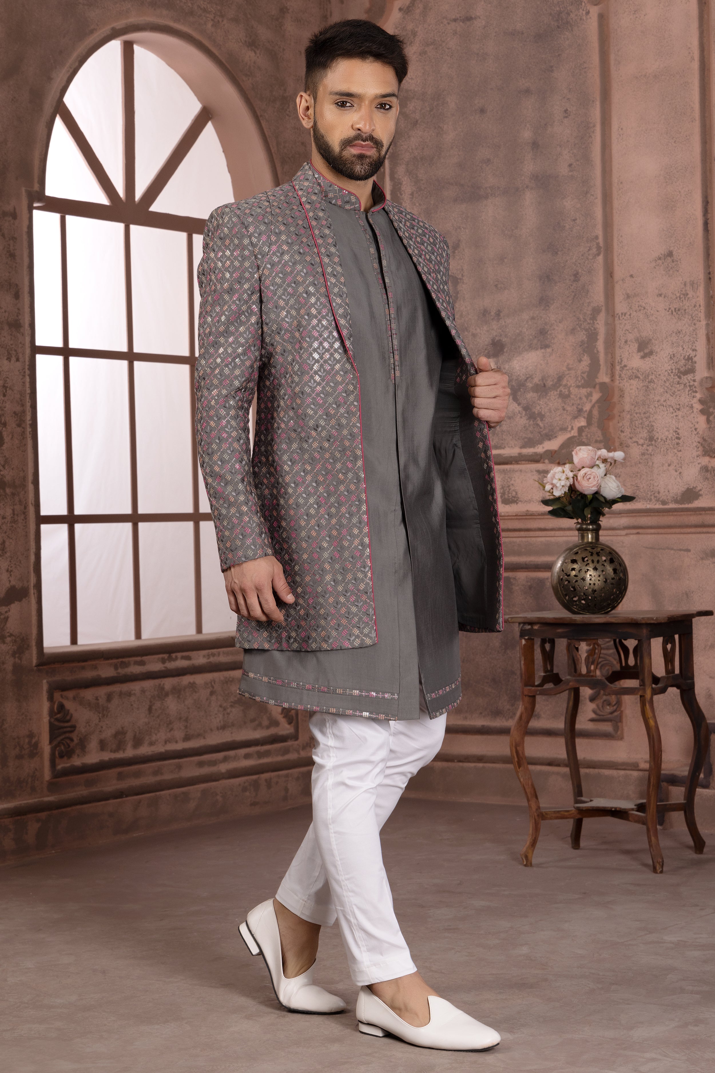 Black Readymade Nehru Jacket Set In Art Silk For Men – paanericlothing
