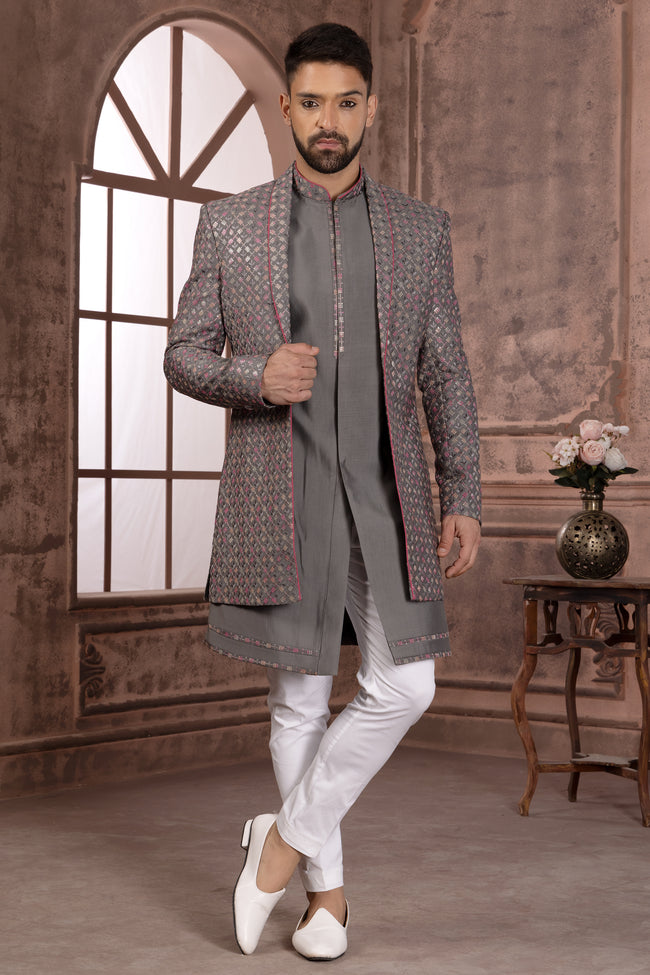 Dark Grey Readymade Nehru Jacket Set In Art Silk For Men