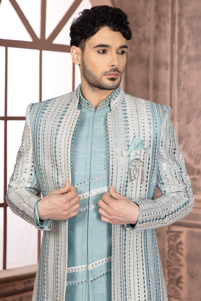 Sky Blue Mens Embroidered Jacket Style Indowestern For Men