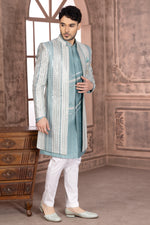 Sky Blue Mens Embroidered Jacket Style Indowestern For Men