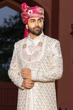 Off White Embroidered Sherwani Set In Art Silk For Men