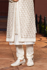 Off White Embroidered Sherwani Set In Art Silk For Men