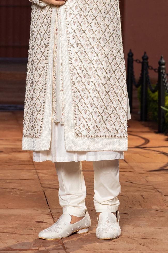 Off White Embroidered Sherwani Set In Art Silk For Men