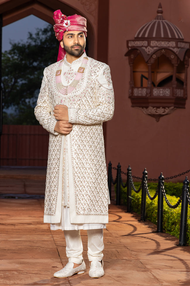 Off White Embroidered Sherwani Set In Art Silk For Men