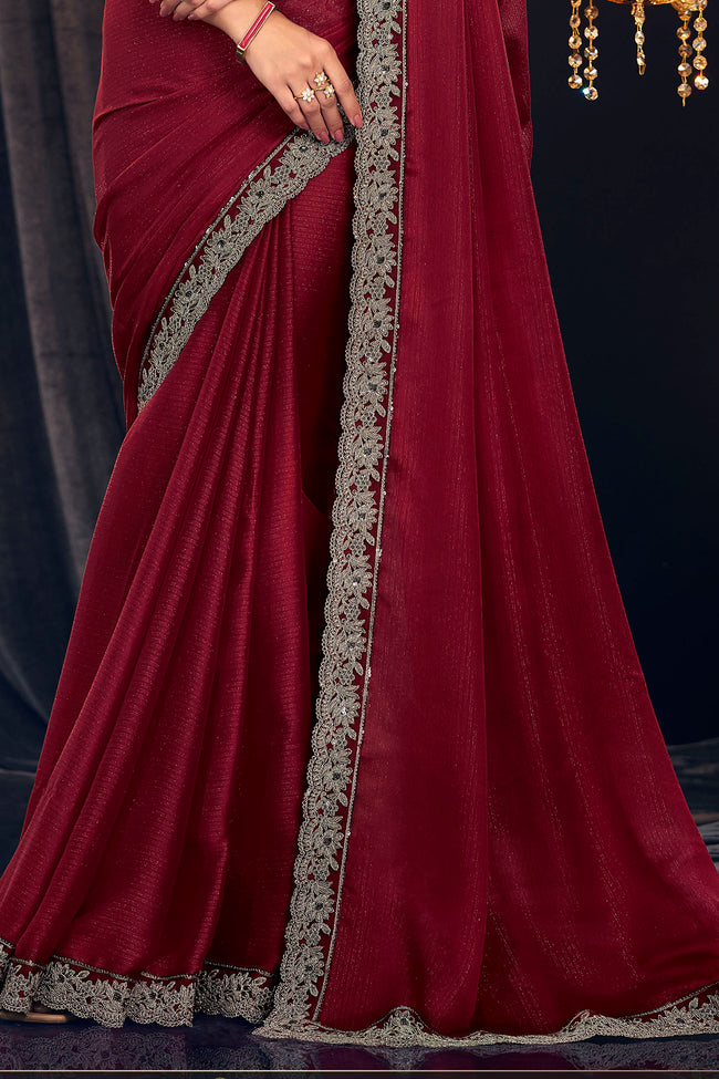 Red & Golden Wedding Wear Georgette Zari Shimmer Saree