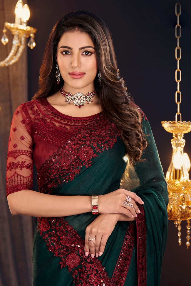 Green And Red Festive r Georgette Zari Shimmer Saree With Sequins Work