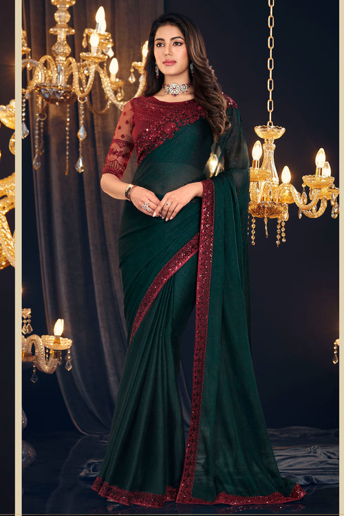 Green And Red Festive r Georgette Zari Shimmer Saree With Sequins Work
