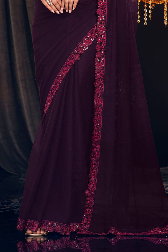 Dark Purple Sequins Embellished Wedding Wear Georgette Zari Shimmer Silk Saree