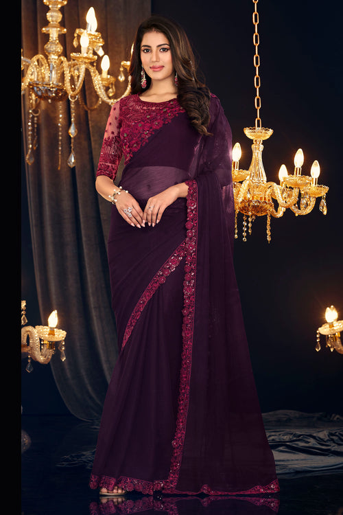 Dark Purple Sequins Embellished Wedding Wear Georgette Zari Shimmer Silk Saree