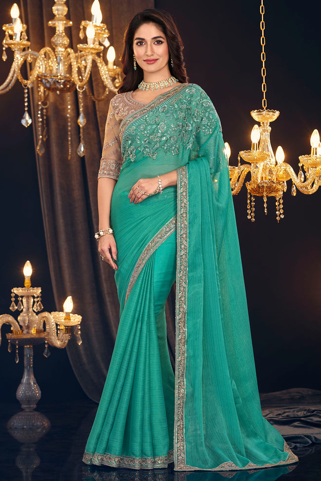 Aqua Green Georgette Zari Shimmer Silk Saree