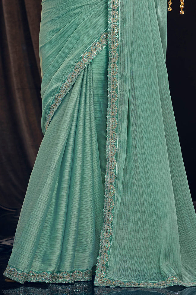 Sea Green Wedding Wear Georgette Zari Shimmer Silk  Saree