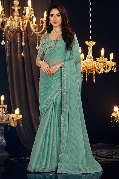 Sea Green Wedding Wear Georgette Zari Shimmer Silk  Saree