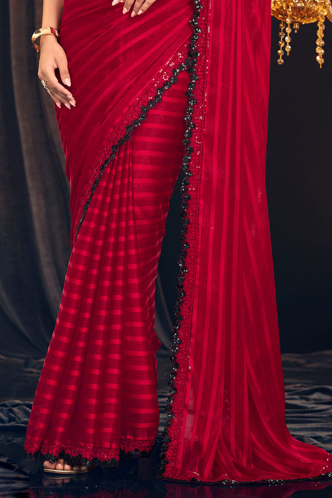 Red & Black Festive Wear Embroidered Georgette Zari Shimmer Silk  Saree