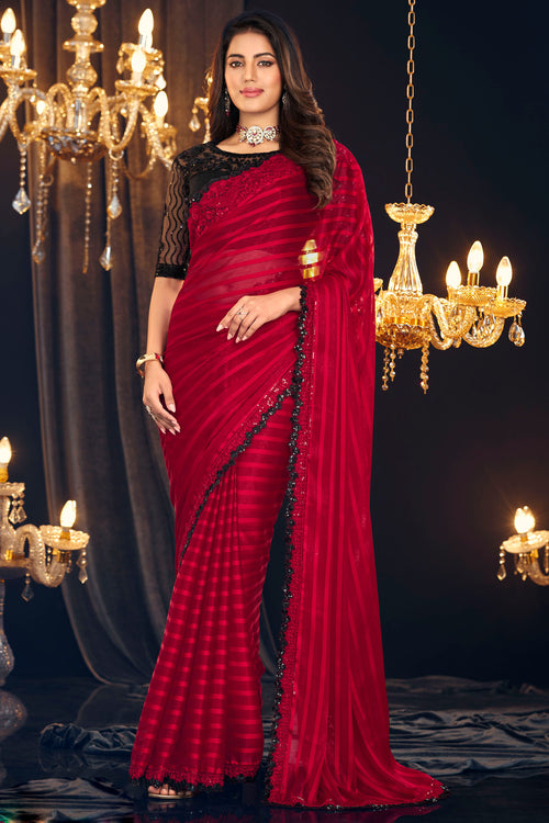 Red & Black Festive Wear Embroidered Georgette Zari Shimmer Silk  Saree