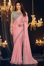 Pink & Green Wedding Wear Shimmer Silk Saree With Embroidery Work