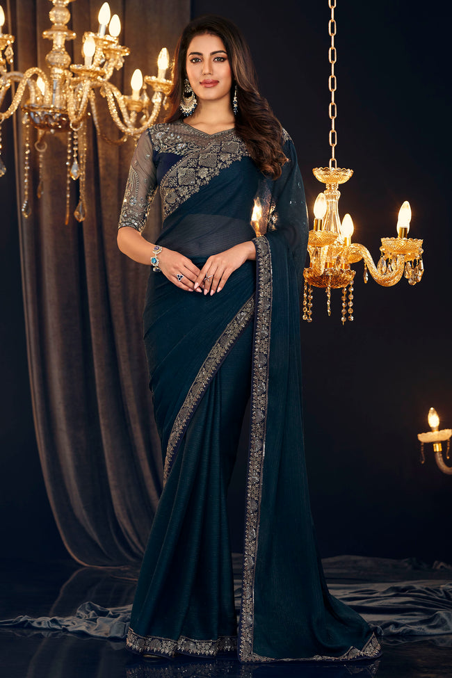 Navy Blue Wedding Wear Georgette Zari Shimmer Silk Saree