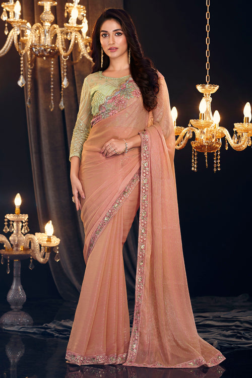 Peach & Lime Green Wedding Wear Shimmer Silk Saree With Embroidery Work