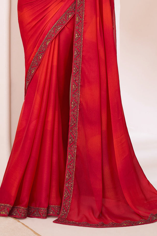 Red Shaded Silver Chiffon Saree With Embroidery Banglori Silk Blouse