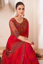 Red Shaded Silver Chiffon Saree With Embroidery Banglori Silk Blouse