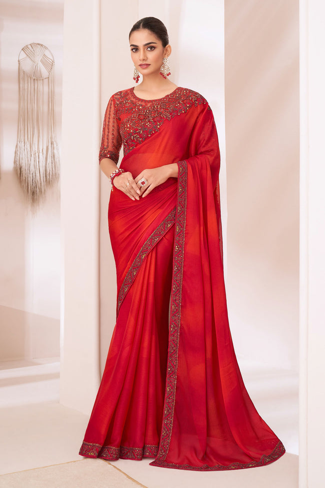 Red Shaded Silver Chiffon Saree With Embroidery Banglori Silk Blouse