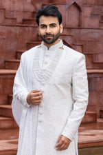 White Color Anarkali Style Groom Embroidered Sherwani For Men