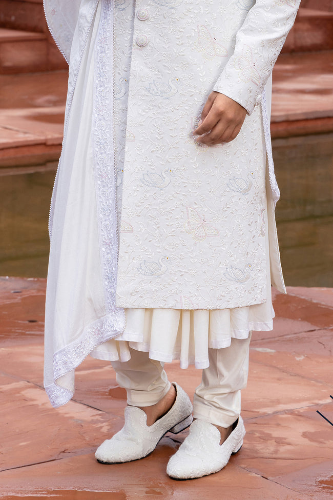 White Color Anarkali Style Groom Embroidered Sherwani For Men