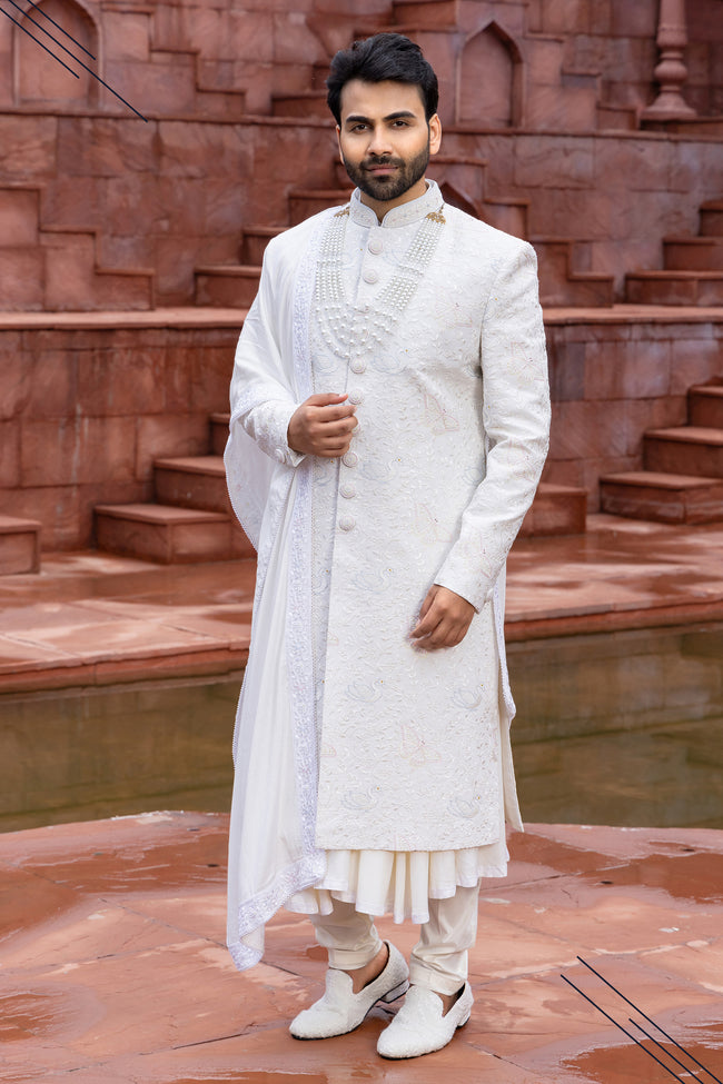 White Color Anarkali Style Groom Embroidered Sherwani For Men