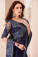 Navy Blue Shaded Silver Chiffon Saree With Embroidery Banglori Silk Blouse