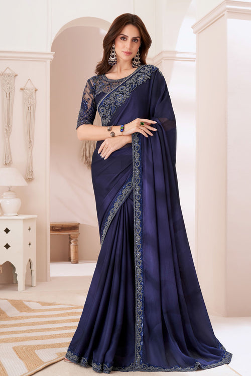 Navy Blue Shaded Silver Chiffon Saree With Embroidery Banglori Silk Blouse