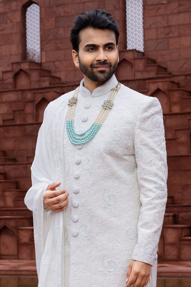 Luxurious White Silk Embroidered Sherwani For Men