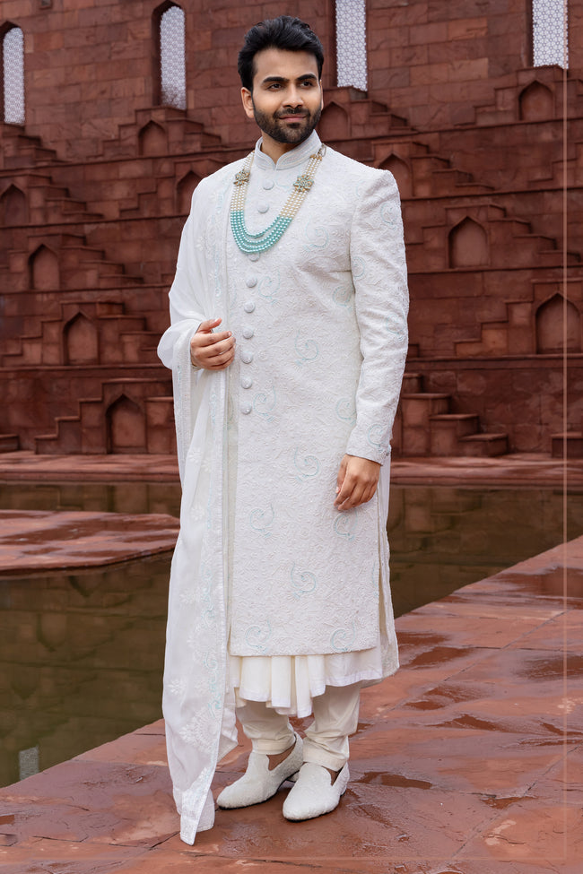 Luxurious White Silk Embroidered Sherwani For Men