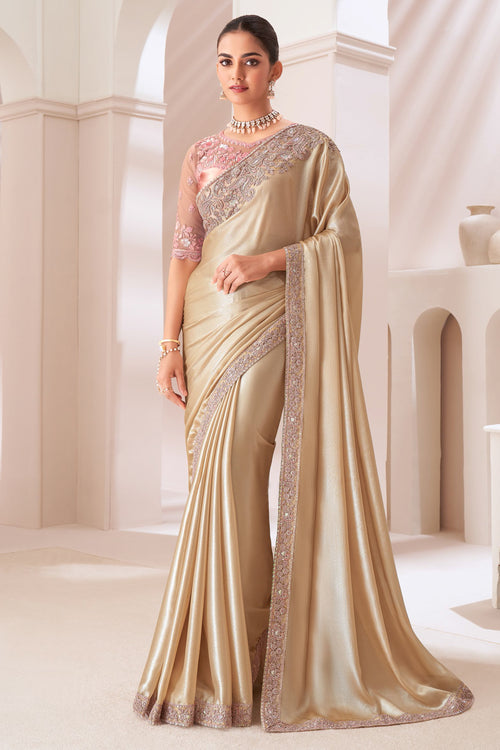 Gold Embroidered Border Satin Chiffon Silk Saree With Blouse Piece