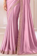 Baby Pink Embroidered Border Satin Chiffon Silk Saree With Blouse Piece