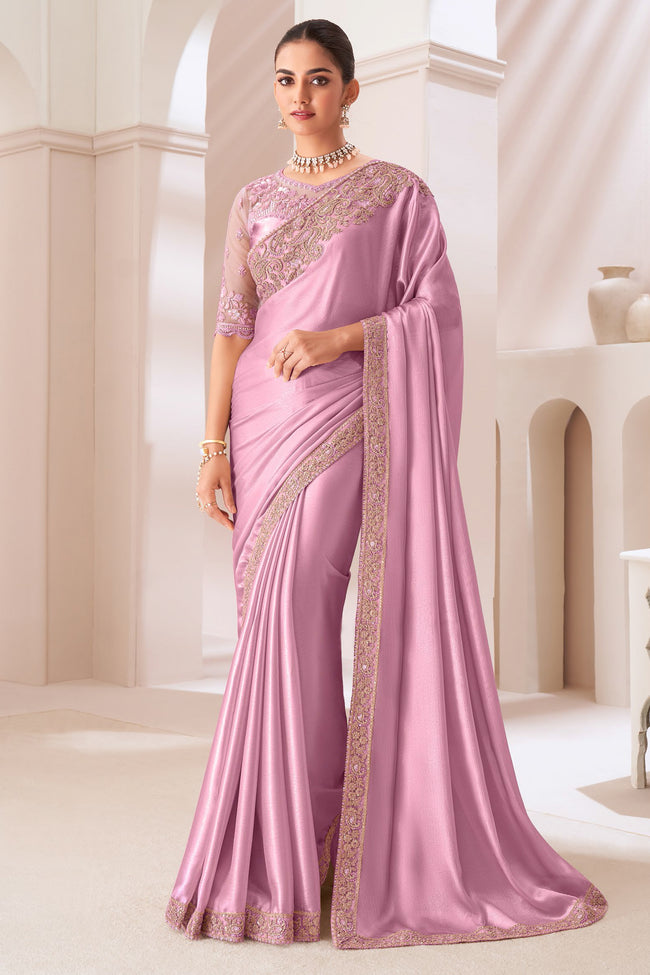 Baby Pink Embroidered Border Satin Chiffon Silk Saree With Blouse Piece