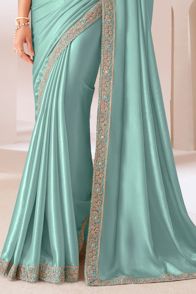 Turquoise Embroidered Border Satin Chiffon Silk Saree With Blouse Piece