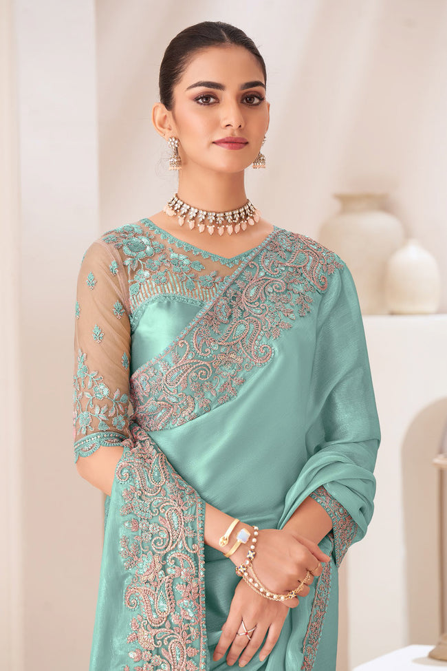 Turquoise Embroidered Border Satin Chiffon Silk Saree With Blouse Piece