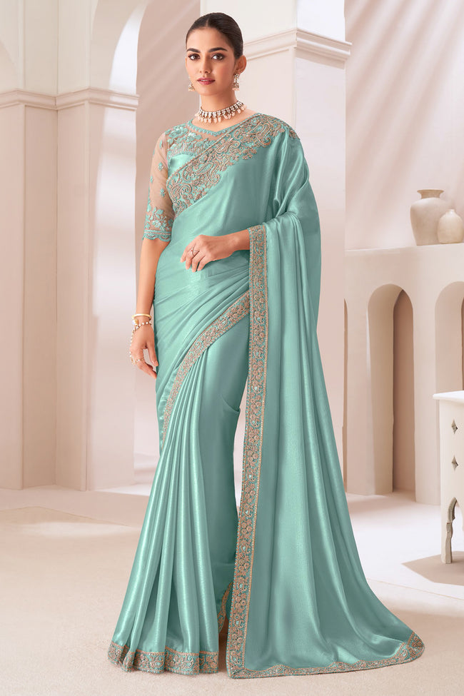 Turquoise Embroidered Border Satin Chiffon Silk Saree With Blouse Piece