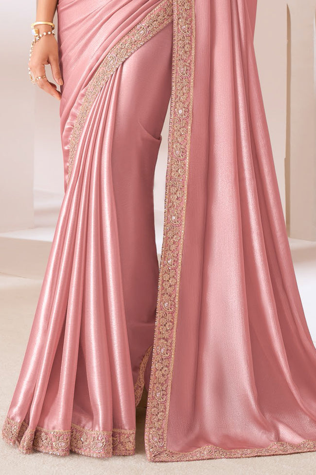 Onion Pink Embroidered Border Satin Chiffon Silk Saree With Blouse Piece