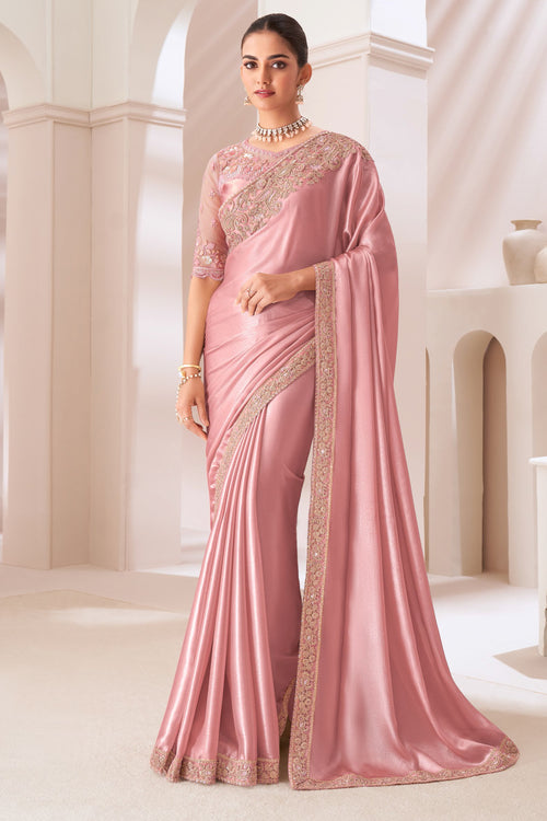 Onion Pink Embroidered Border Satin Chiffon Silk Saree With Blouse Piece