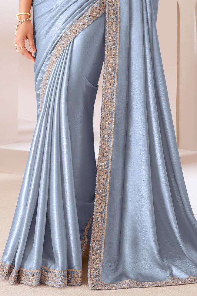 Grey Embroidered Border Satin Chiffon Silk Saree With Blouse Piece