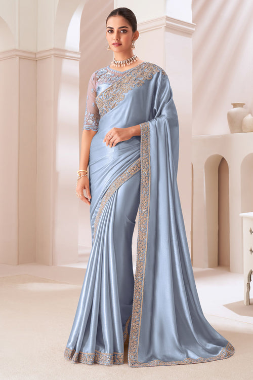 Grey Embroidered Border Satin Chiffon Silk Saree With Blouse Piece