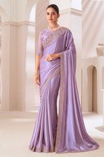 Purple Embroidered Border Satin Chiffon Silk Saree With Blouse Piece