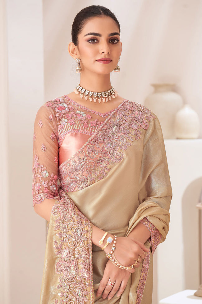 Gold Satin Chiffon Saree With Embroidery Satin Silk Blouse