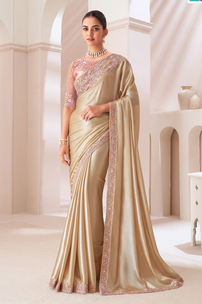 Gold Satin Chiffon Saree With Embroidery Satin Silk Blouse